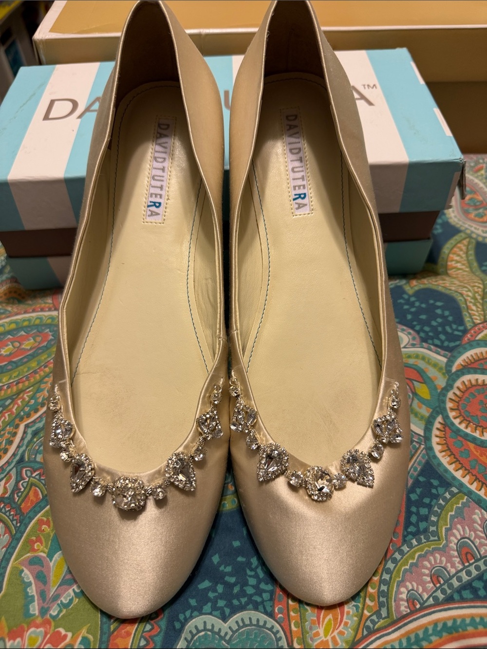 David Tutera Champagne Satin Jeweled Ballet Flats